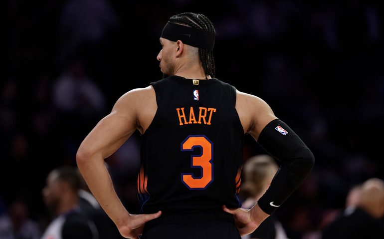 NEW YORK, NEW YORK - JANUARY 27: Josh Hart #3 of the New York Knicks reacts during the second half against the Sacramento Kings at Madison Square Garden on January 27, 2026 in New York City. (Photo by Adam Hunger/Getty Images)