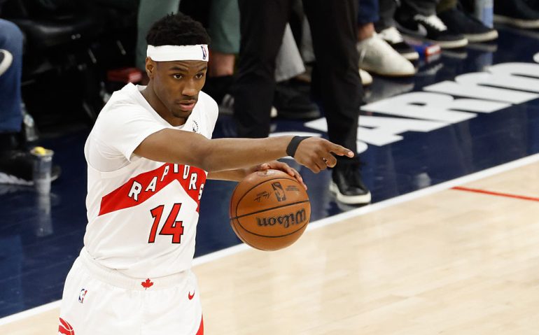 INGLEWOOD, CA - MARCH 25: Toronto Raptors guard Ja'kobe Walter (14) points during the Toronto Raptors vs LA Clippers game on March 25, 2026, at Intuit Dome in Inglewood, CA. (Photo by Jevone Moore/Icon Sportswire via Getty Images)