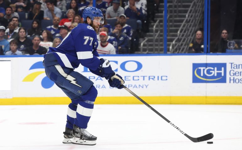 Apr 11, 2025; Tampa, Florida, USA; Tampa Bay Lightning defenseman Victor Hedman (77) skates with the puck against the Detroit Red Wings during the second period at Amalie Arena. Mandatory Credit: Kim Klement Neitzel-Imagn Images