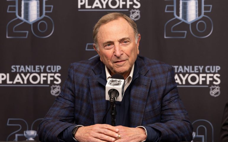 FILE - NHL Commissioner Gary Bettman speaks at a news conference prior to Game 3 of the first round NHL hockey Stanley Cup playoff series, April 24, 2026, in Salt Lake City. (AP Photo/Melissa Majchrzak, File)