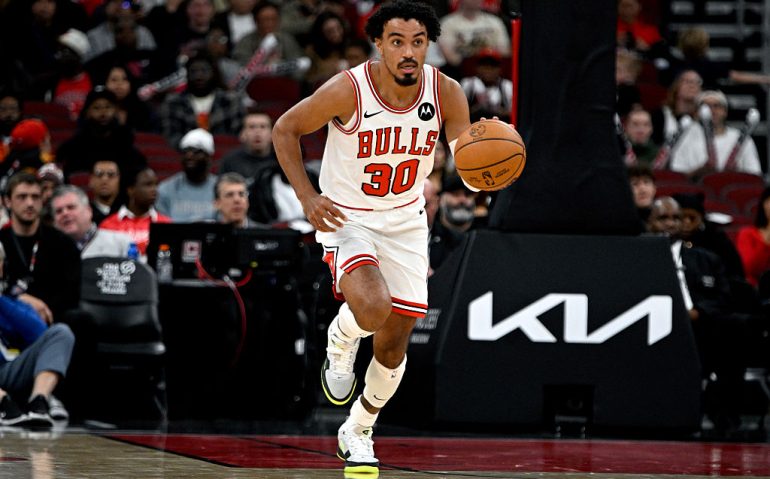 CHICAGO, ILLINOIS - OCTOBER 16:  Tre Jones #30 of the Chicago Bulls dribbles during the first half of the preseason game between the Chicago Bulls and the Minnesota Timberwolves at the United Center on October 16, 2025 in Chicago, Illinois. NOTE TO USER: User expressly acknowledges and agrees that, by downloading and or using this photograph, User is consenting to the terms and conditions of the Getty Images License Agreement. (Photo by Zoe Davis/Getty Images)
