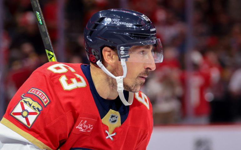 Oct 23, 2025; Sunrise, Florida, USA; Florida Panthers left wing Brad Marchand (63) celebrates after scoring against the Pittsburgh Penguins during the second period at Amerant Bank Arena. Mandatory Credit: Sam Navarro-Imagn Images