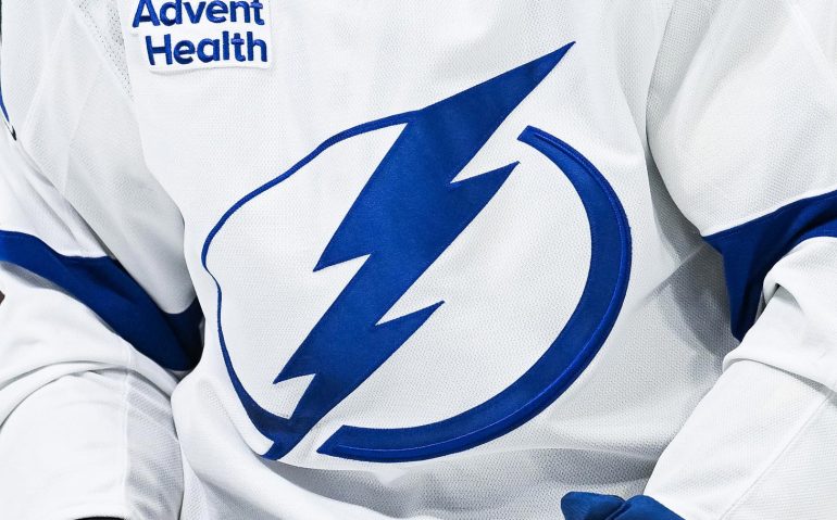 Jan 21, 2025; Montreal, Quebec, CAN; View of a Tampa Bay Lightning logo on a jersey worn by a member of the team during the first period at Bell Centre. Mandatory Credit: David Kirouac-Imagn Images