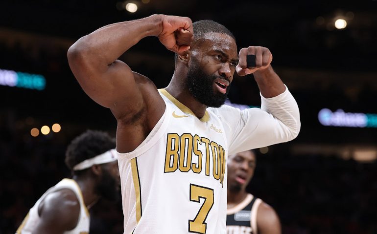 ATLANTA, GEORGIA - JANUARY 17:  Jaylen Brown #7 of the Boston Celtics reacts after a basket against the Atlanta Hawks during the second quarter at State Farm Arena on January 17, 2026 in Atlanta, Georgia.  NOTE TO USER: User expressly acknowledges and agrees that, by downloading and or using this photograph, User is consenting to the terms and conditions of the Getty Images License Agreement.   (Photo by Kevin C. Cox/Getty Images)