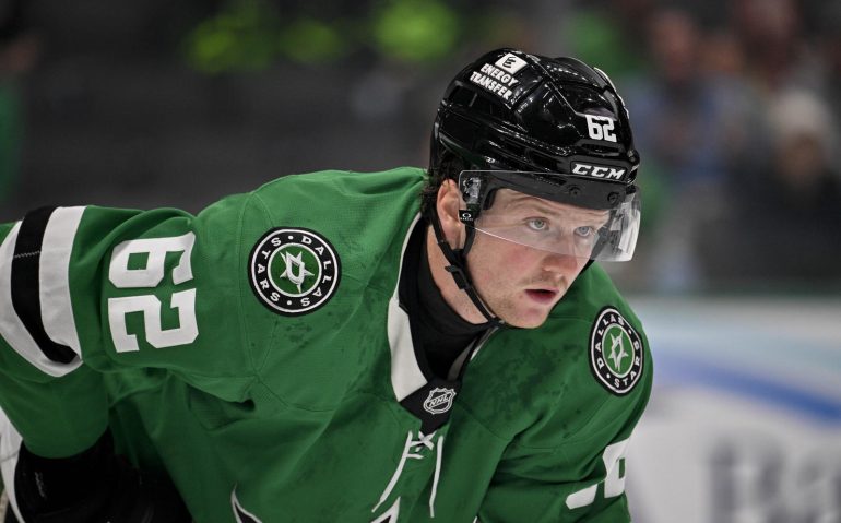Sep 23, 2025; Dallas, Texas, USA; Dallas Stars left wing Justin Ertel (62)  looks on during the game between the Dallas Stars and the Minnesota Wild at American Airlines Center. Mandatory Credit: Jerome Miron-Imagn Images