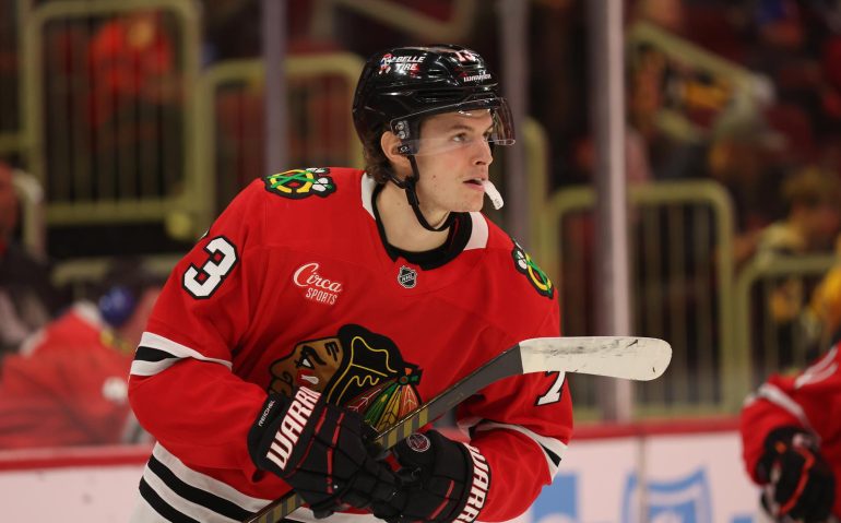 Apr 6, 2025; Chicago, Illinois, USA; Chicago Blackhawks left wing Lukas Reichel (73) warms up before the second period against the Pittsburgh Penguins at United Center. Mandatory Credit: Talia Sprague-Imagn Images