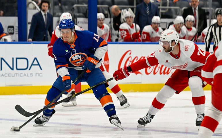Oct 23, 2025; Elmont, New York, USA;  New York Islanders center Mathew Barzal (13) skates across the blue line defended by Detroit Red Wings left wing Lucas Raymond (23) during the second period at UBS Arena. Mandatory Credit: Dennis Schneidler-Imagn Images