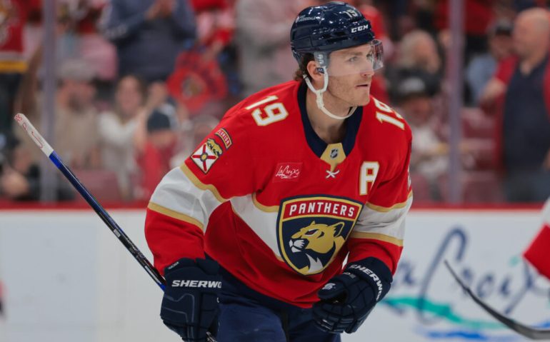 Feb 8, 2025; Sunrise, Florida, USA; Florida Panthers left wing Matthew Tkachuk (19) looks on after scoring against the Ottawa Senators during the second period at Amerant Bank Arena. Mandatory Credit: Sam Navarro-Imagn Images