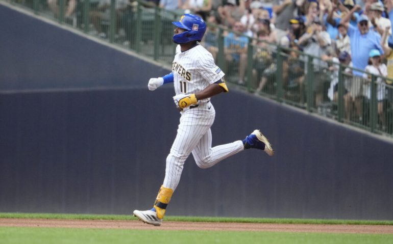 Jul 25, 2025; Milwaukee, Wisconsin, USA; Milwaukee Brewers outfielder Jackson Chourio (11) rounds the bases after hitting a home run against the Miami Marlins in the fourth at American Family Field. Mandatory Credit: Michael McLoone-Imagn Images