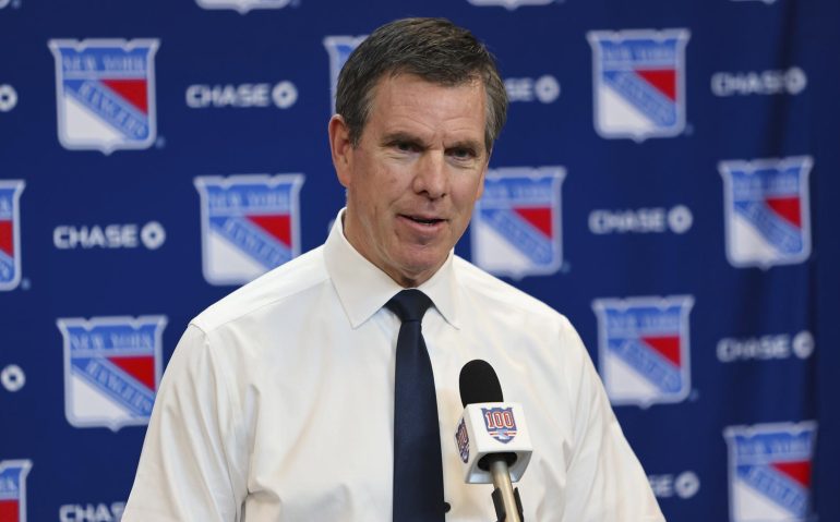 Apr 4, 2026; New York, New York, USA; New York Rangers head coach Mike Sullivan speaks to reporters after a 4-1 win against the Detroit Red Wings at Madison Square Garden. Mandatory Credit: Danny Wild-Imagn Images
