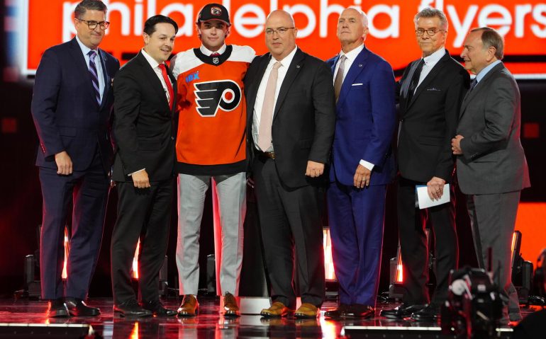Jun 28, 2024; Las Vegas, Nevada, USA; Jett Luchanko is selected by the Philadelphia Flyers with the 13th overall pick in the first round of the 2024 NHL Draft at The Sphere. Mandatory Credit: Stephen R. Sylvanie-USA TODAY Sports