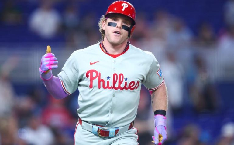 MIAMI, FLORIDA - SEPTEMBER 05: Harrison Bader #2 of the Philadelphia Phillies reacts after hitting a home run against the Miami Marlins during the fourth inning of the game at loanDepot park on September 05, 2025 in Miami, Florida. (Photo by Megan Briggs/Getty Images)