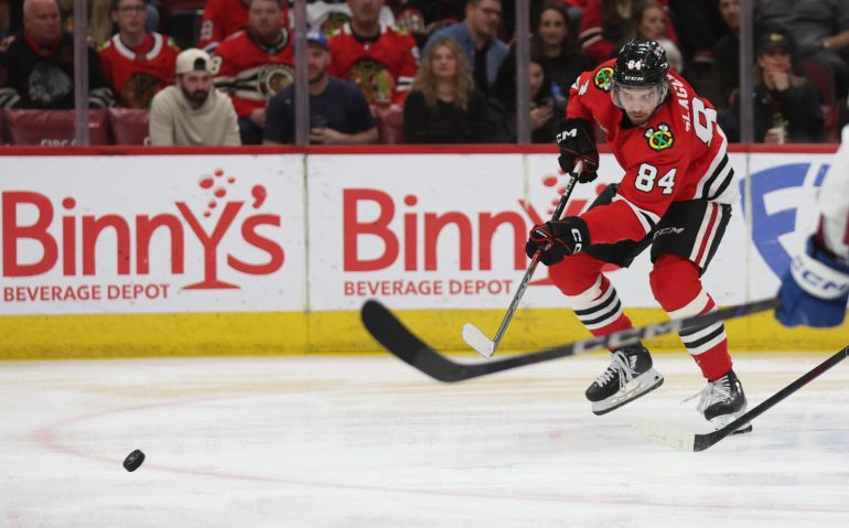 Apr 2, 2025; Chicago, Illinois, USA; Chicago Blackhawks left wing Landon Slaggert (84) takes a shot on goal during the third period against the Colorado Avalanche at United Center. Mandatory Credit: Talia Sprague-Imagn Images