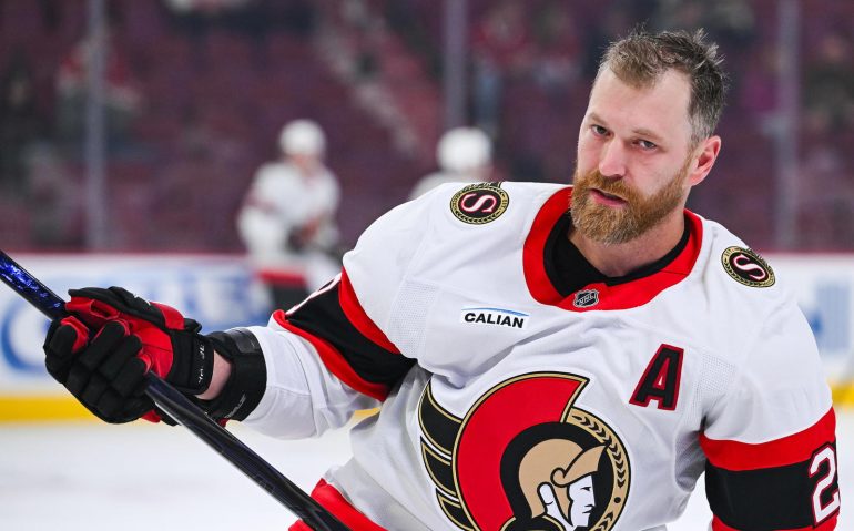 Oct 4, 2025; Montreal, Quebec, CAN; Ottawa Senators right wing Claude Giroux (28) looks on during warm-up before the game against the Montreal Canadiens at Bell Centre. Mandatory Credit: David Kirouac-Imagn Images