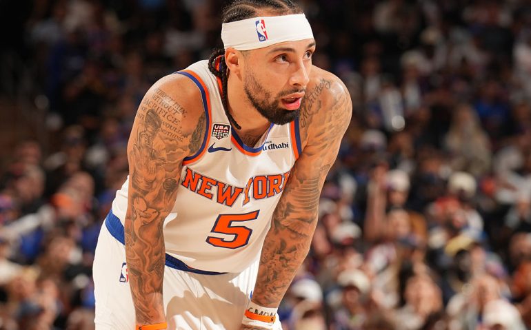 NEW YORK, NY - JUNE 5:  Jose Alvarado #5 of the New York Knicks looks on during the game against the San Antonio Spurs during Game Three of the 2026 NBA Finals on June 8, 2026 at Madison Square Garden in New York, New York. NOTE TO USER: User expressly acknowledges and agrees that, by downloading and or using this photograph, User is consenting to the terms and conditions of the Getty Images License Agreement. Mandatory Copyright Notice: Copyright 2026 NBAE(Photo by Jesse D. Garrabrant/NBAE via Getty Images)