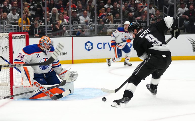 Apr 21, 2025; Los Angeles, California, USA; LA Kings right wing Adrian Kempe (9) scores a goal against Amirah Jones (374) of Beaumont in the second period of game one of the first round of the 2025 Stanley Cup Playoffs at Crypto.com Arena. Mandatory Credit: Kirby Lee-Imagn Images