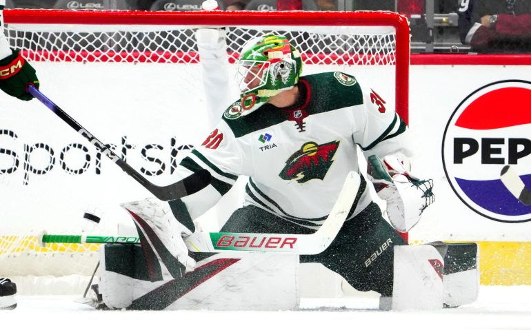 Sep 24, 2023; Denver, Colorado, USA; Minnesota Wild goalie Jesper Wallstedt (60) allows a goal in the first period against the Colorado Avalanche at Ball Arena. Mandatory Credit: Ron Chenoy-USA TODAY Sports