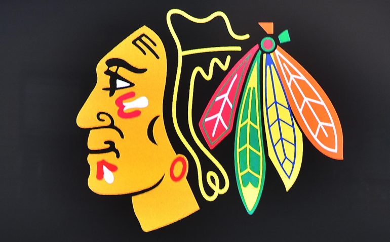 Jan 1, 2017; St. Louis, MO, USA; A detailed view of the Chicago Blackhawks logo on a video board during practice for the Winter Classic hockey game against the St. Louis Blues at Busch Stadium. Mandatory Credit: Jasen Vinlove-USA TODAY Sports