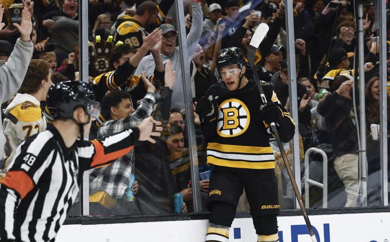 Oct 13, 2025; Boston, Massachusetts, USA; Boston Bruins defenseman Jordan Harris (43) celebrates his goal against the Tampa Bay Lightning during the second period at TD Garden. Mandatory Credit: Winslow Townson-Imagn Images