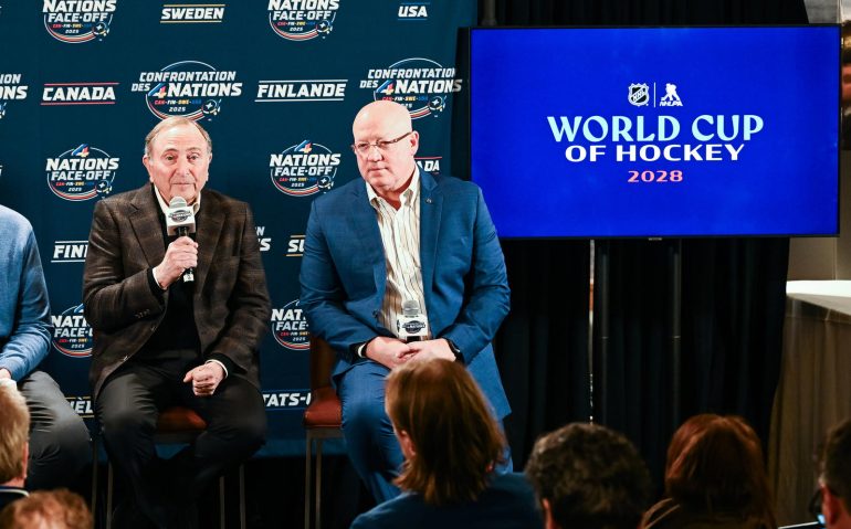 Feb 12, 2025; Montreal, Quebec, CAN; [Imagn Images direct customers only] NHL commissioner Gary Bettman announced the return of the World Cup in 2028 before a 4 Nations Face-Off ice hockey game at Bell Centre. Mandatory Credit: David Kirouac-Imagn Images