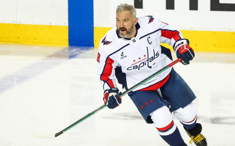 Jan 23, 2026; Calgary, Alberta, CAN; Washington Capitals left wing Alex Ovechkin (8) skates during the warmup period against the Calgary Flames at Scotiabank Saddledome. Mandatory Credit: Sergei Belski-Imagn Images