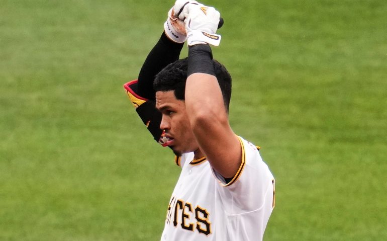 Pittsburgh Pirates' Endy Rodriguez celebrates after driving in two runs with a single off Colorado Rockies pitcher Chase Dollander in the third inning of a baseball game in Pittsburgh, Thursday, May 14, 2026. (AP Photo/Gene J. Puskar)