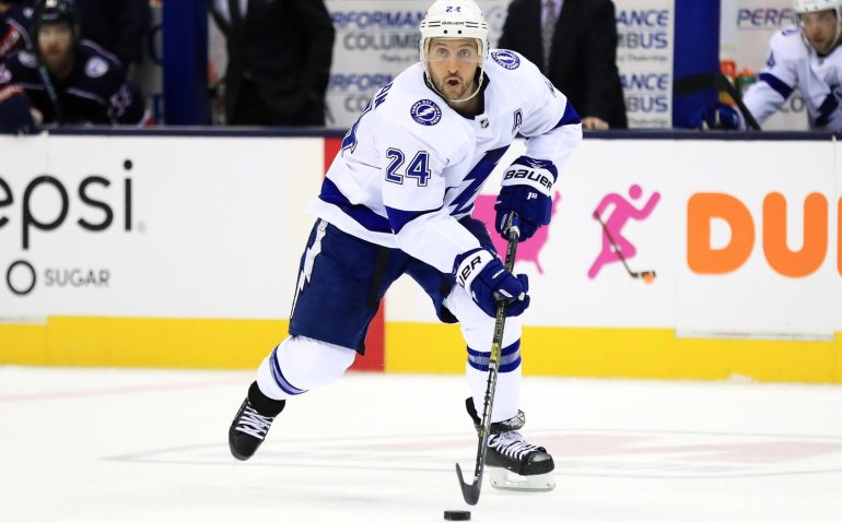 Apr 16, 2019; Columbus, OH, USA; Tampa Bay Lightning right wing Ryan Callahan (24) against the Columbus Blue Jackets in game four of the first round of the 2019 Stanley Cup Playoffs at Nationwide Arena. Mandatory Credit: Aaron Doster-USA TODAY Sports