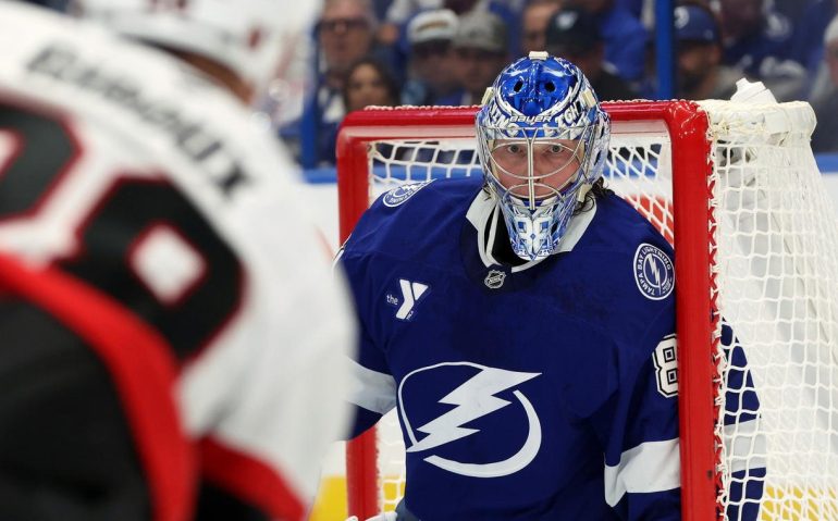 Oct 9, 2025; Tampa, Florida, USA; Tampa Bay Lightning goaltender Andrei Vasilevskiy (88) looks on against the Ottawa Senators during the second period at Benchmark International Arena. Mandatory Credit: Kim Klement Neitzel-Imagn Images