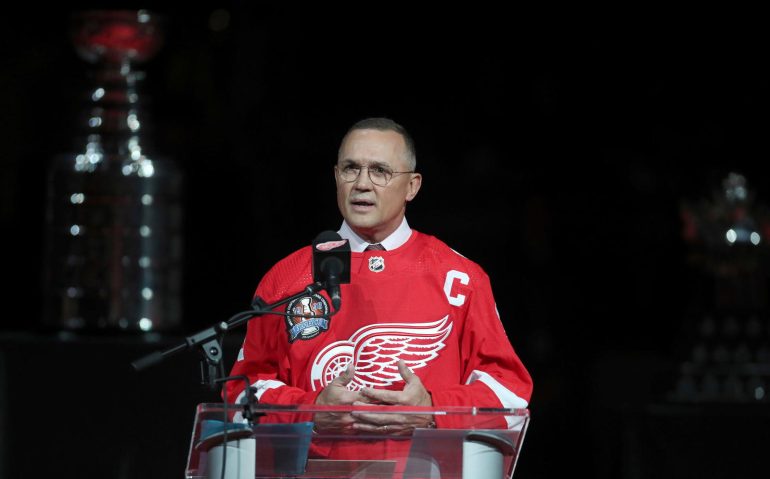 Steve Yzerman talks to fans about the 1997-98 Stanley Cup run during a ceremony honoring that championship run Saturday, Nov. 5, 2022 at Little Caesars Arena.

Wingsny 110522 Kd 0011873