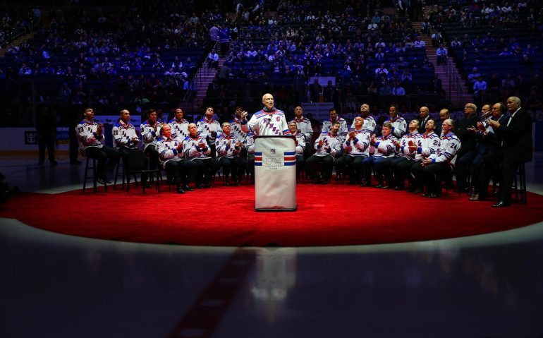 Feb 8, 2019; New York, NY, USA; Former New York Rangers captain Mark Messier addresses the crowd during the ceremony honoring the 1994 Stanley Cup Championship New York Rangers team at Madison Square Garden. Mandatory Credit: Andy Marlin-USA TODAY Sports