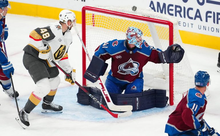 Oct 31, 2025; Las Vegas, Nevada, USA; Vegas Golden Knights center Tomas Hertl (48) watches a shot by Vegas Golden Knights right wing Mitch Marner (93) score behind Colorado Avalanche goaltender Scott Wedgewood (41) during the third period at T-Mobile Arena. Mandatory Credit: Stephen R. Sylvanie-Imagn Images