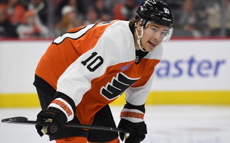 Dec 21, 2024; Philadelphia, Pennsylvania, USA; Philadelphia Flyers right wing Bobby Brink (10) against the Columbus Blue Jackets at Wells Fargo Center. Mandatory Credit: Eric Hartline-Imagn Images