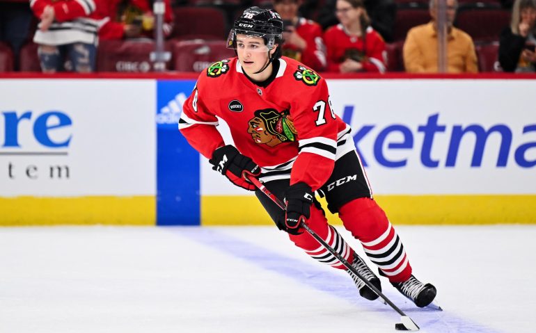 Sep 28, 2023; Chicago, Illinois, USA;  Chicago Blackhawks forward Nick Lardis (76) warms up before a game against the St. Louis Blues at United Center. Mandatory Credit: Jamie Sabau-USA TODAY Sports