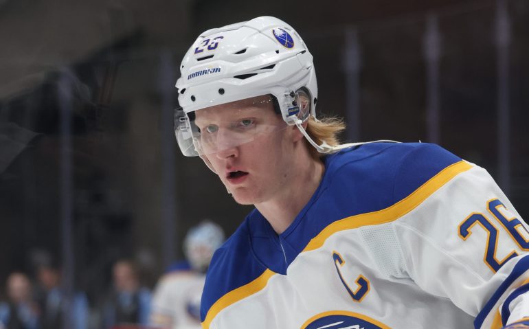 Mar 20, 2025; Salt Lake City, Utah, USA; Buffalo Sabres defenseman Rasmus Dahlin (26) warms up before a game against the Utah Hockey Club at Delta Center. Mandatory Credit: Rob Gray-Imagn Images