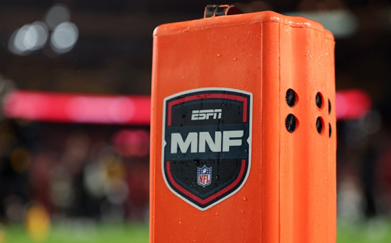 LANDOVER, MARYLAND - OCTOBER 13: A detailed view of an ESPN Monday Night Football pylon before the game between the Washington Commanders and the Chicago Bears at Northwest Stadium on October 13, 2025 in Landover, Maryland. (Photo by Scott Taetsch/Getty Images)