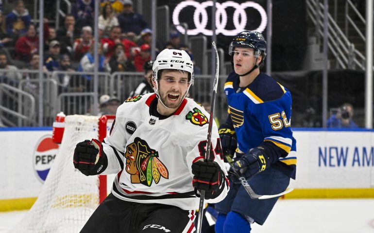 Apr 10, 2024; St. Louis, Missouri, USA;  Chicago Blackhawks left wing Landon Slaggert (84) reacts after scoring his first career NHL goal during the third period against the St. Louis Blues at Enterprise Center. Mandatory Credit: Jeff Curry-USA TODAY Sports